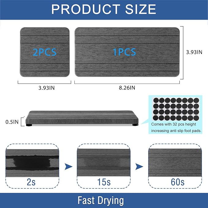 3PCS Water Absorbing Stone Tray, DryingNeat Diatomite Stone Sink Tray, Instant Dry Sink Coasters, Kitchen Sponge Hand Soap Holder, Countertop Fast Drying Counter Trays,8 * 4inch and 4 * 4inch