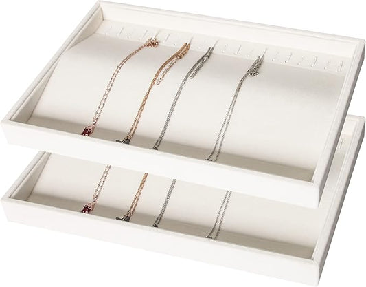 Coward Set of 2 Stackable Necklace Holder Organizer Tray Velvet Necklace Display Stand for Selling Jewelry Box Case for Storage (beige(necklace+necklace))