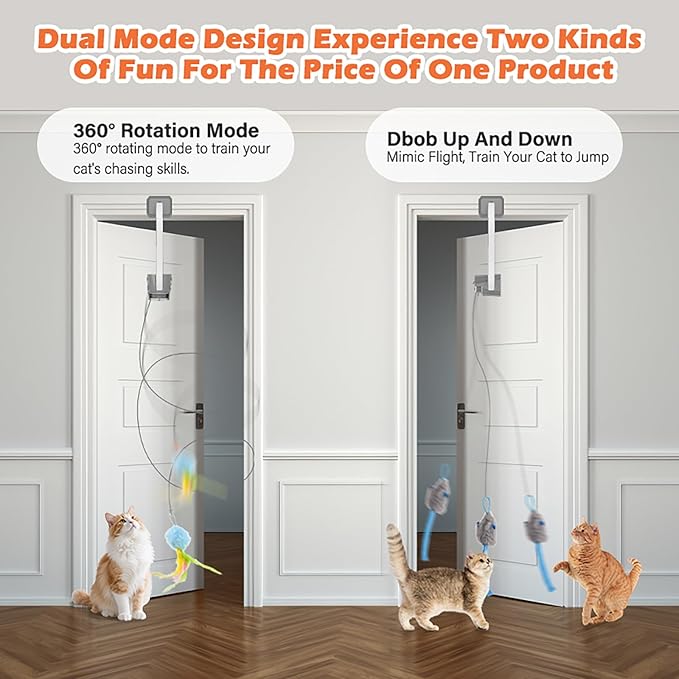 Interactive Cat Toy, Flapping Bird & Rotating Feather Teaser for Indoor Cats, Hanging Doorway Cat Toys with Fishing Pole for Exercise, Boredom Relief & Fun Games