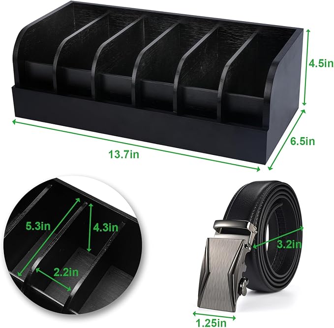 GTI Belt Organizer, 2pcs 6 Compartments Belt Organizer for Closet and Drawer, Bamboo Display Case for Tie and Belt, Belt holder Storage Organizer for Men Women (Black)