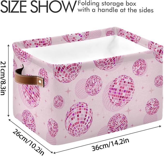Disco Balls Pink Large Storage Basket Cube Storage Bin Canvas Fabric Organizer Handles Collapsible Decorative for Clothes Toys Bedroom