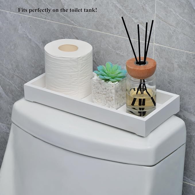 Natural Wooden Vanity Tray, Bathroom Decor Box, Wooden Bathroom Organizer for Toilet Tank and Counter Top, Slip- Resistant Cute Bathroom Decor ﻿ (White, 4.8"" W11.5 Lx1.2 H)