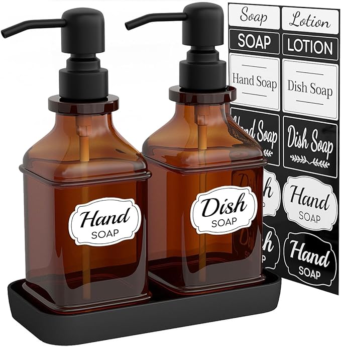 Soap Dispenser - 2 Pack, Antique Design Thick Amber Glass Hand Soap Dispensers with Sturdy Tray; 304 Rust Proof Stainless Steel Black Pump, 12Pcs Stickers, for Kitchen, Bathroom- Black