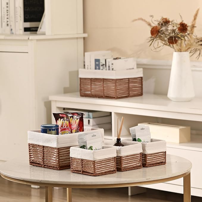 Vagusicc Wicker Storage Basket, Hand-Woven Paper Rope Woven Baskets, Rectangular Small Wicker Baskets for Organizing, Cube Storage Bins for Closet/Clothes/Dresser, Brown, 5-Pack