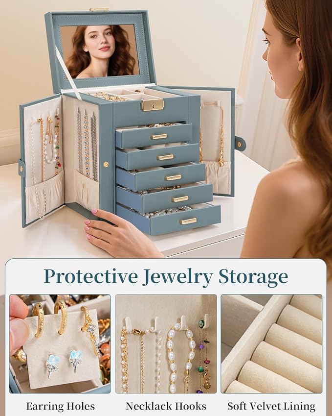 TORIBIO Large Jewelry Box for Women, Leather Jewelry Organizer with Mirror & Lock, 6-Tier Jewelry Storage Case for Girls/Women/Mothers, Necklace Earring Bracelets Holder Organizer, Grey Blue