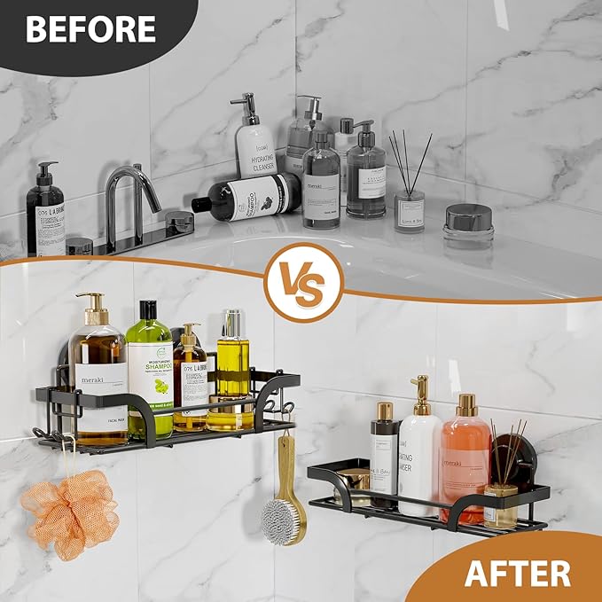 LEVERLOC 2 Pack Shower Caddy Suction Cup, Shower Shelves for Inside, Rustproof Metal Bathroom Storage NO-Drilling Bath Organizer with Large Capacity,Heavy Duty Storage Basket,Home Decor,Black