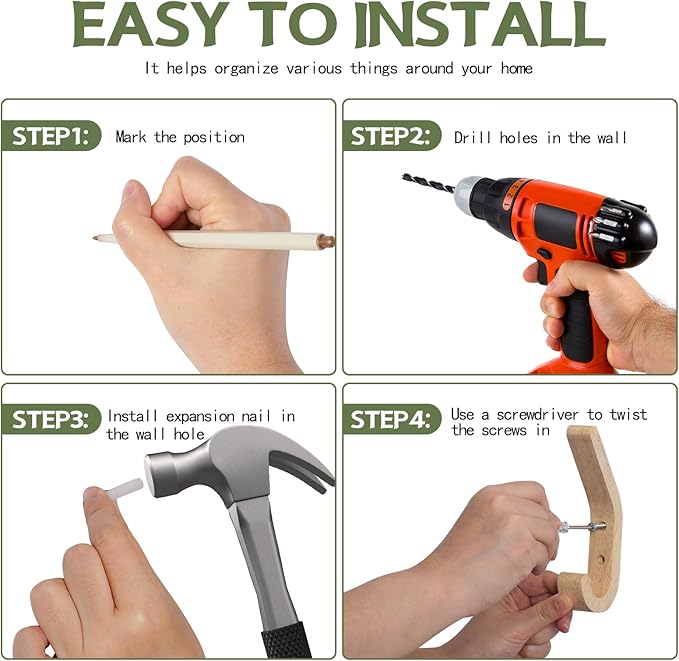 Natural Wood Wall Hooks,4 Pack Wall Mounted Wooden Coat Hooks,Modern Decorative Wooden Peg Hook for Entrance Wall,Heavy Duty Bag Hanger Hooks for Hanging Coats,Key,Towels,Purse(Oak Wood)