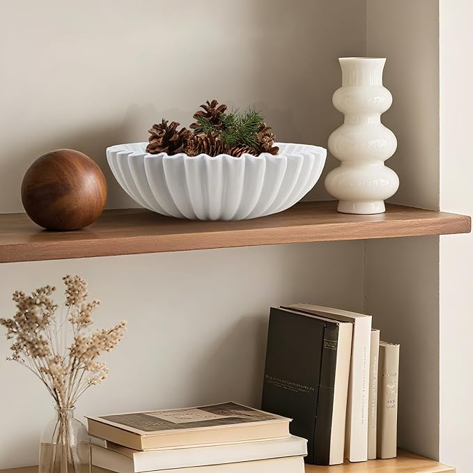 Large Modern Decorative Ruffle Bowl for Home Decor Fruit Bowl Organic Catch All Key Kitchen Entryway Shelf Coffee Table,White