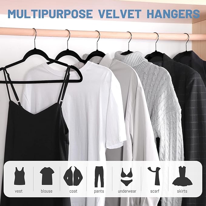 HOUSE DAY Black Velvet Hangers 60 Pack, Non Slip Felt Hanger, Slim Velvet Clothes Hangers for Suits, Shirt, Heavy Duty Coat Hanger for Closet