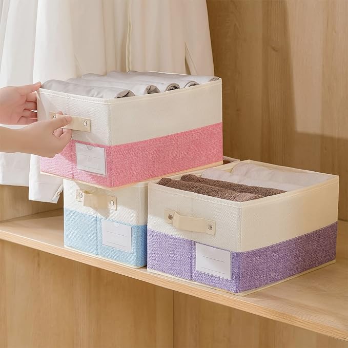 PRANDOM Fodable Storage Bins for Closet [3-pack] Decorative Fabric Storage Baskets Cubes with Leather/Metal Handles for Shelves Bedroom Living Room Pink&Cream (11.5x8.5x6.7 Inch)