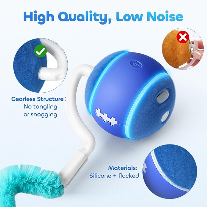 Automatic Interactive Cat Toy Ball for Indoor Cats, Carpet-Safe with Tangle-Free Tail, 3-Mode Touch Activated, Gen 3 High-Capacity 800mAh Battery (6-8H Play), Includes 2 Tails