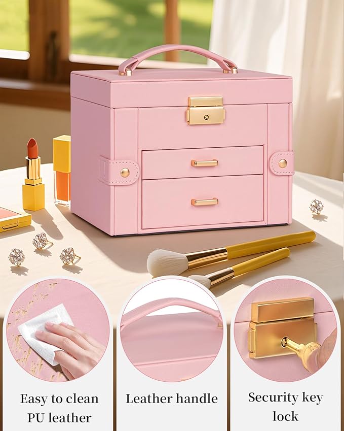 TORIBIO Jewelry Box for Women, Leather Jewelry Organizer with Mirror & Lock, 3-Tier Jewelry Storage Organizer with 2 Drawers for Girls/Women/Mothers, Necklace Earring Bracelets Holder Organizer