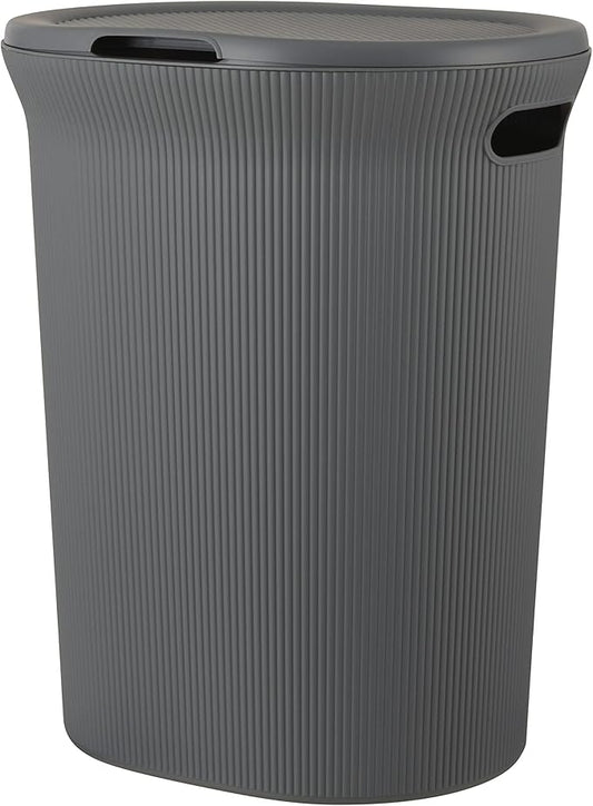 Superio Ribbed Collection - Decorative Plastic Laundry Hamper with Lid and Cut-Out Handles, Grey (1 Pack) Basket Organzier for Bedroom Bathroom College Dorm Room 40 Liter