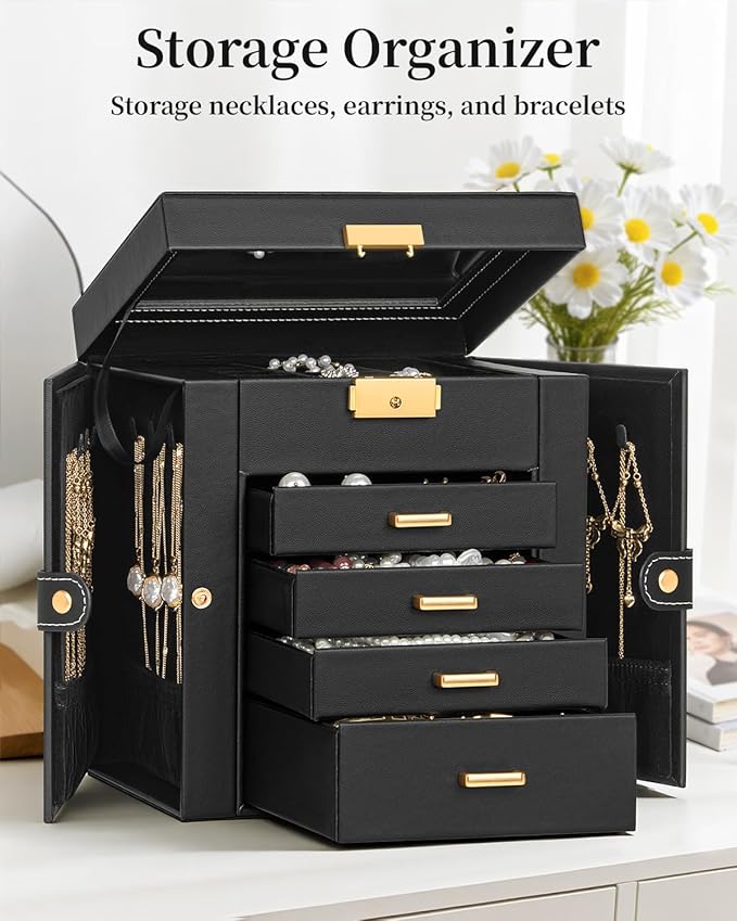 TORIBIO Jewelry Box for Women, Leather Jewelry Organizer with Mirror & Lock, 5-Tier Jewelry Storage Organizer with 4 Drawers for Girls/Women/Mothers, Necklace Earring Bracelets Holder Organizer