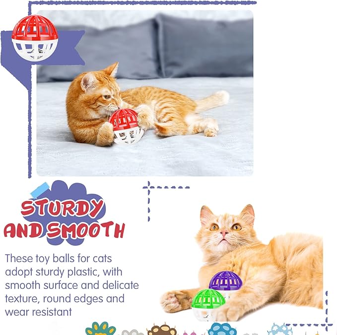 Hungdao 100 Pieces Cat Toys Balls, Plastic Lattice Balls Small Crinkle Cat Toys Assorted with Bell for Kitten Kitty PET Chase Pounce Rattle Play Toys, Assorted Color