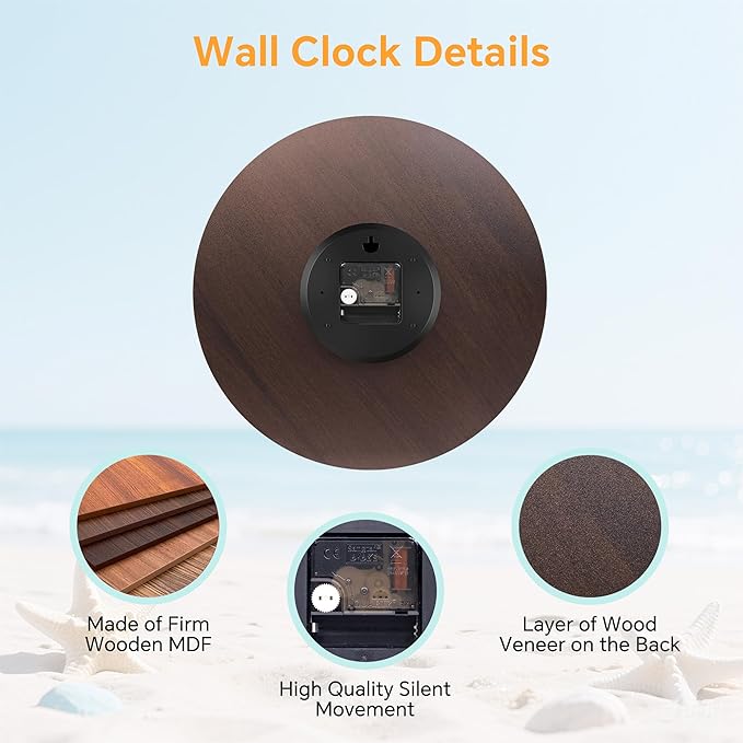 8 Inch Wall Clock Coastal Seashell Starfish Beach Decorative Clocks, Silent Non Ticking Battery Operated Palm Tree Wall Clock for Bedroom/Living Room/Kitchen