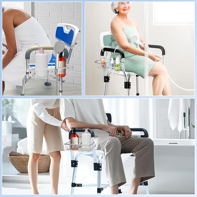 2-In-1hanging shower chair caddy : Holder Organizer Rustproof Shower Chair Accessories for tub bath room with arms chair storage basket shelf fit Seniors Elderly Disabled Patient Pregnant(Silver)