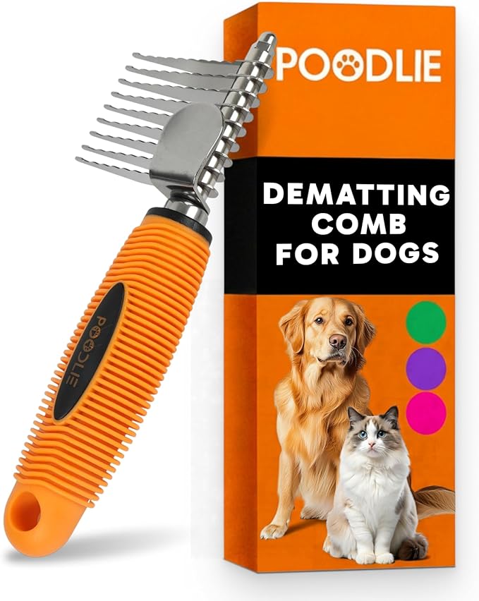 Poodle Dematting Fur Rake Comb Brush for Dogs and Cats - Long 2.5" Steel Safety Blades Metal Comb for Detangling Matted or Knotted Undercoat Hair (Orange)