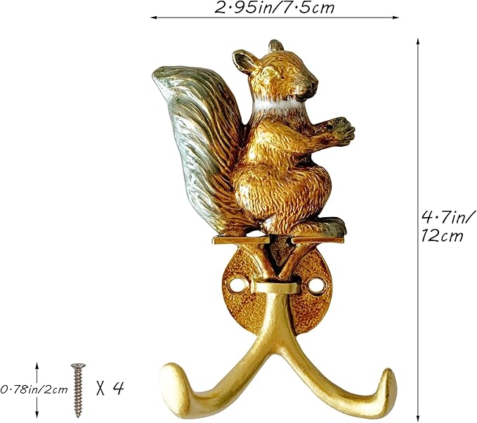 Vintage Squirrel Shaped Decorative Wall Hooks Rack Hangers for Hanging Clothes Coats Towels Keys Hats, 2 Pack Antique Metal Mounted Wall Hook