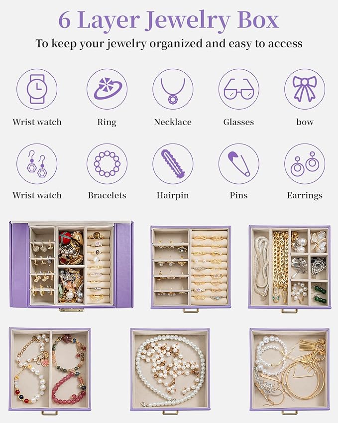 TORIBIO Large Jewelry Box for Women, Leather Jewelry Organizer with Mirror & Lock, 6-Tier Jewelry Storage Case for Girls/Women/Mothers, Necklace Earring Bracelets Holder Organizer