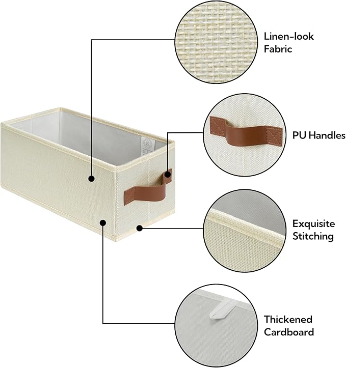 GRANNY SAYS Small Fabric Storage Bins, Storage Baskets for Shelves with PU Handles, Toilet Paper Storage, Mini Baskets for Organizing DVD, Photos, Clothes, Diaper, Sock, Cd, 6-Pack, Ivory