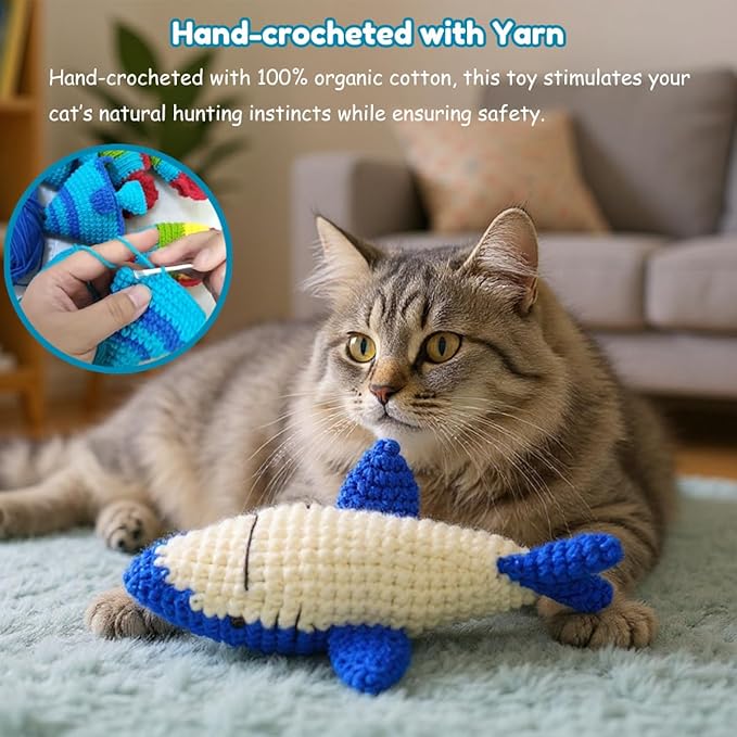 Cat Toys with Catnip & Bell Soft Natural Cat Nip Toys for Indoor Cats Hand Crocheted Interactive Kitten Fish Toys