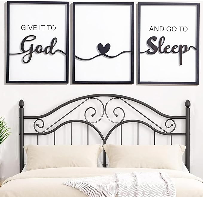 3D Wood Give it to God and Go to Sleep Signs 36x16”, Above Bed Wall Decors, Black And White 3D Bedroom Wall Art (12x16 inches, Set of 3, Framed)
