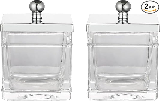 Glass Cotton Jar Holder 2 Pack– Silver/Chrome Lid, Elegant Bathroom Storage Canister for Qtips, Cotton Balls, Floss, Makeup Organizer, Vanity & Bathroom Organization