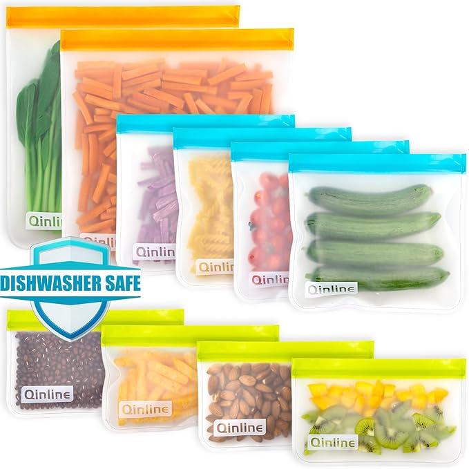 Reusable Storage Bags - 10 Pack BPA FREE Freezer Bags(2 Reusable Gallon Bags + 4 Leakproof Reusable Sandwich Bags + 4 THICK Reusable Snack Bags) Ziplock Lunch Bags for Food Marinate Meat Fruit Cereal
