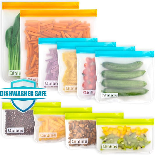 Reusable Storage Bags - 10 Pack BPA FREE Freezer Bags(2 Reusable Gallon Bags + 4 Leakproof Reusable Sandwich Bags + 4 THICK Reusable Snack Bags) Ziplock Lunch Bags for Food Marinate Meat Fruit Cereal