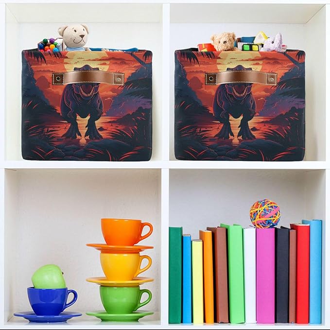 Large Storage Basket Dinosaur Storage Bin Cube Canvas Fabric Organizer Handles Collapsible for Clothes Toys Bedroom Decorative