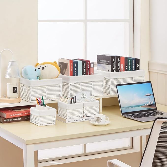 Vagusicc Wicker Storage Basket, 6 Pack Baskets for Organizing, Wicker Baskets with Handle, Rectangular Wicke Basket for Storage Shelves, Cube Storage Bins for Closet/Clothes/Dresser, White