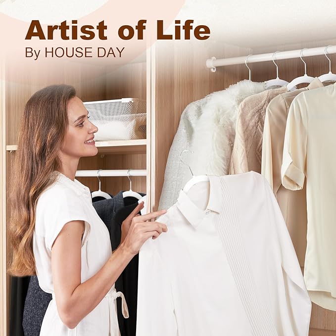 HOUSE DAY Heavy Duty Plastic Hangers 100 Pack, Clothes Hangers with Non-Slip Rubber Pads - 0.2 Inch Thin Space Saving Coat Hanger for Closet Organizer, 360° Swivel Hook for Shirts, Pants, Suit (White)