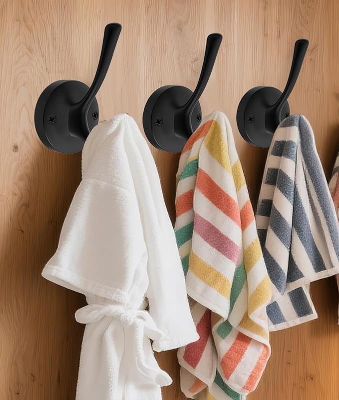 Black Wall Hooks Towel Hooks, 3 Pack Coat Hooks Robe Hook Heavy Duty Metal Double Bath Hook Wall Mounted, Hand Towel Hooks for Entryway Bathroom Kitchen Closet Garage