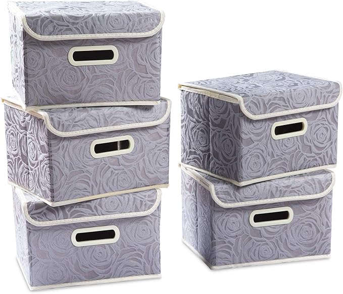 PRANDOM Stackable Storage Boxes with Lids [5-Pack] Fabric Decorative Storage Bins Cubes Organizer Containers Baskets with Cover Handles Divider for Bedroom Closet Living Room Grey 9.8x7.9x6.7 Inch