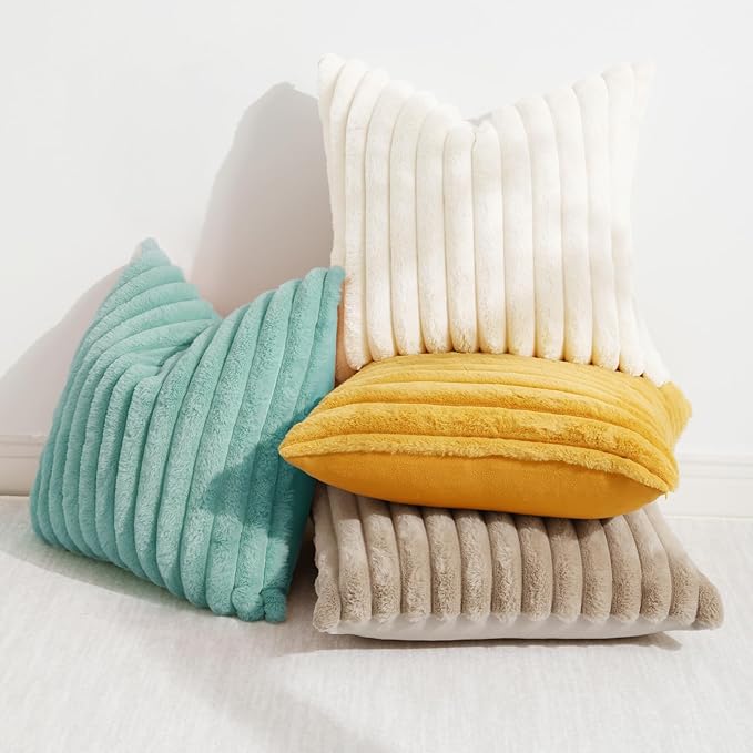 decorUhome Faux Fur Spring Throw Pillow Covers 18x18 Set of 2, Decorative Soft Plush Striped Neutral Couch Pillow Covers with Velvet Back for Sofa, Bed, Living Room Home, Aqua