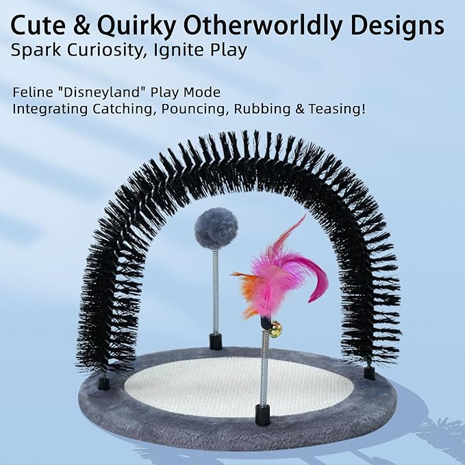 Interactive Toy with Scratching Pads for Indoor Cats,Interactive Cat Toy with Feather Toys and Self-Grooming Brush,Interactive Cat Toy for Indoor Cats,Grey (Round)