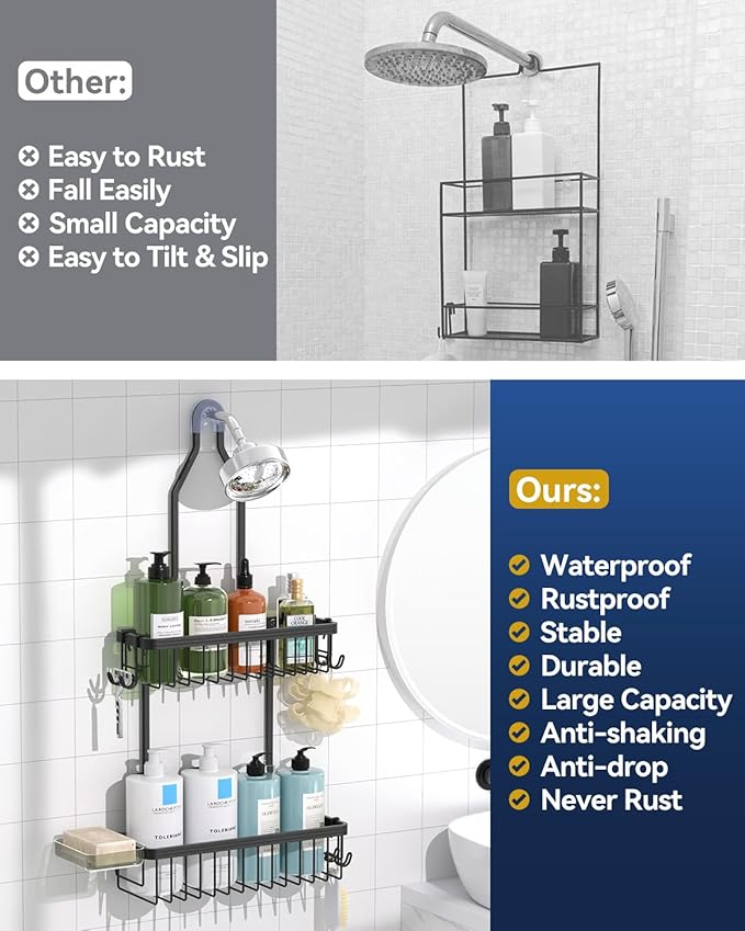 YASONIC Shower Caddy Hanging, Never Rust Shower Organizer Hanging, Aluminum Shower Racks for Inside Shower with Hooks for Razor, Bathroom Organizers and Storage with Soap Holder, Black