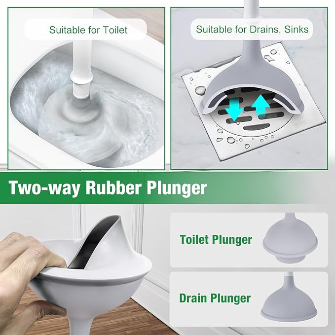 Lefree, 2 in 1 Toilet Brush and Plunger Set with Silicone Bristles, Plastic Material, Includes Holder, White/Black, for Deep Cleaning