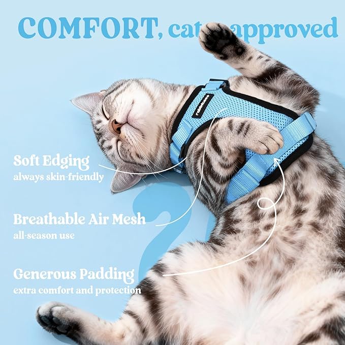 rabbitgoo Cat Harness and Leash for Walking, Escape Proof Soft Adjustable Vest Harnesses for Cats, Easy Control Breathable Reflective Strips Jacket, Light Blue, XS