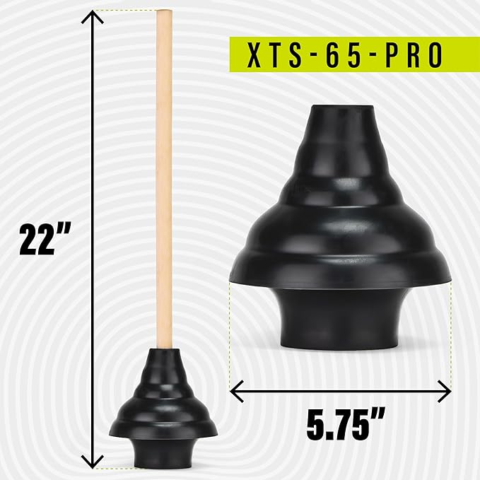 SteadMax XTS-65-PRO Heavy Duty Toilet Plunger, Commercial Grade, Powerful Double Thrust Force Rubber Cup with Wood Handle, for Clogged Bathroom, Shower, and Kitchen (22" x 5.75")