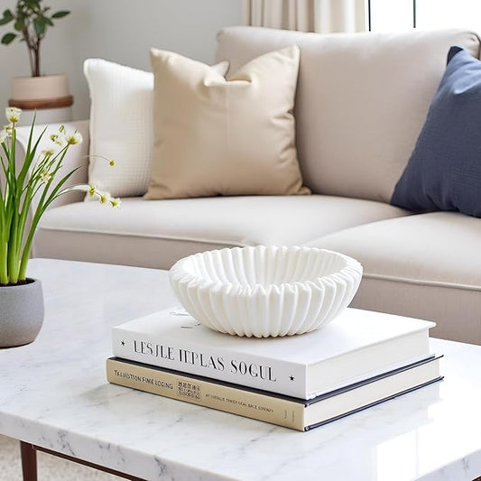 Braxio Decorative Bowl Modern Home Decor – White Ruffle Bowl Decorative Catchall for Entryway Dining Table Living Room Centerpiece Key Holder Fruit Bowl 9 x 9 x 2.6 Inch Art Deco Style