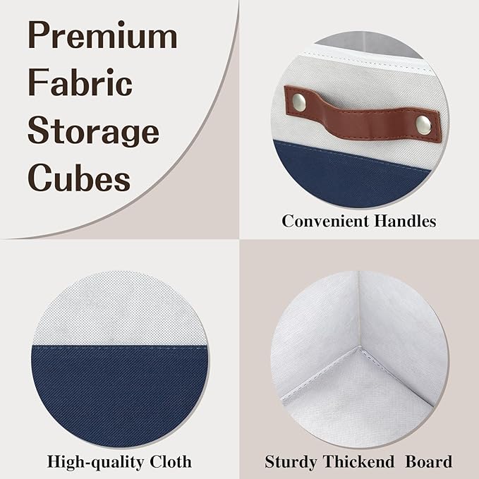 Temary Cube Storage Bins 4Pack Foldable Cube Baskets for Clothes Shelf Storage Basket with Handles, Storage Box Fabric Storage Organizer Bins for Home (White&Blue, 13x15x13 Inch)