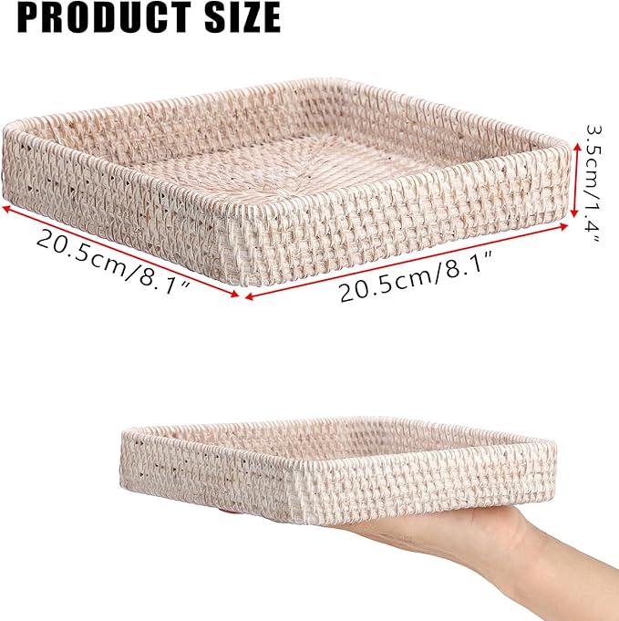 Hipiwe Key Basket for Entryway Table Handwoven Wicker Fruit Tray for Organizing Decor Rattan Serving Tray for Kitchen Living Room Bathroom, Whitewash