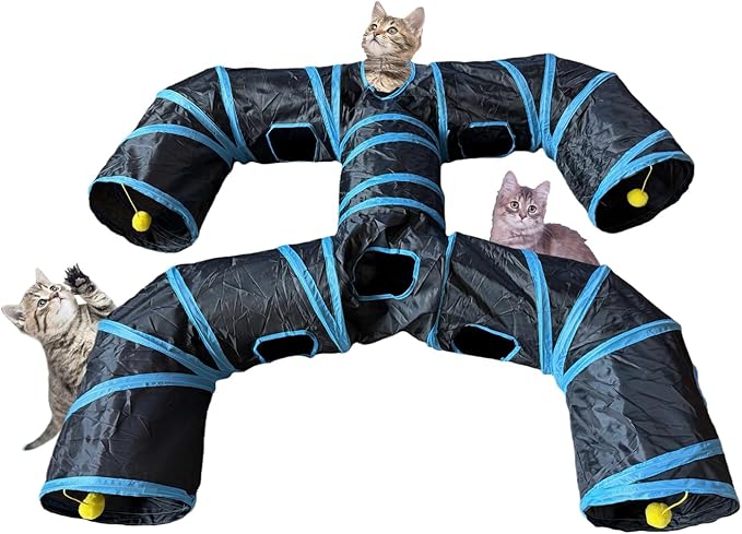 Foldable H-Shaped Cat Tunnel Toy with Interactive Playing Balls - 4 Exits for Cats, Kittens, Rabbits & Small Pets Collapsible Play Tube for Indoor Fun & Exercise (Blue Black)