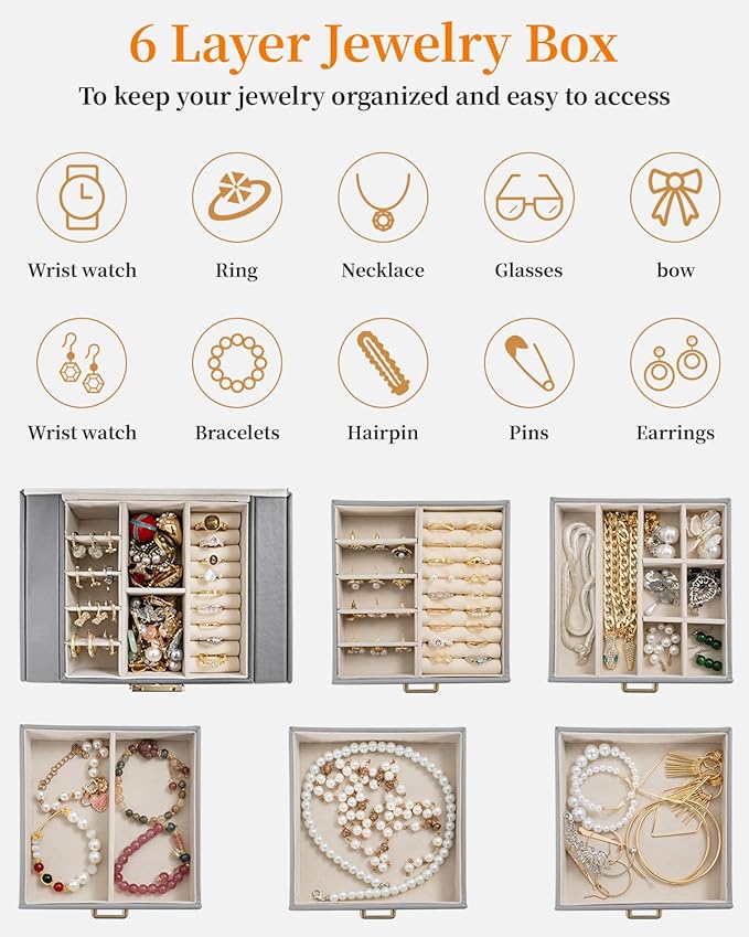 TORIBIO Large Jewelry Box for Women, Leather Jewelry Organizer with Mirror & Lock, 6-Tier Jewelry Storage Case for Girls/Women/Mothers, Necklace Earring Bracelets Holder Organizer