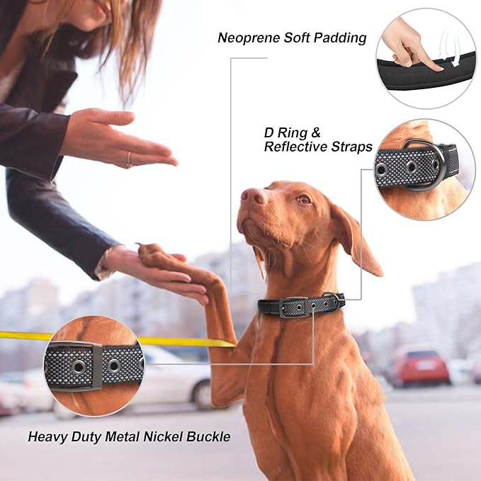PetiFine Dog Collar for Large Dogs, Neoprene Padded and Adjustable, Reflective Wide Heavy Duty Pet Collars with Durable Metal Belt Buckle for Walking, Black, L