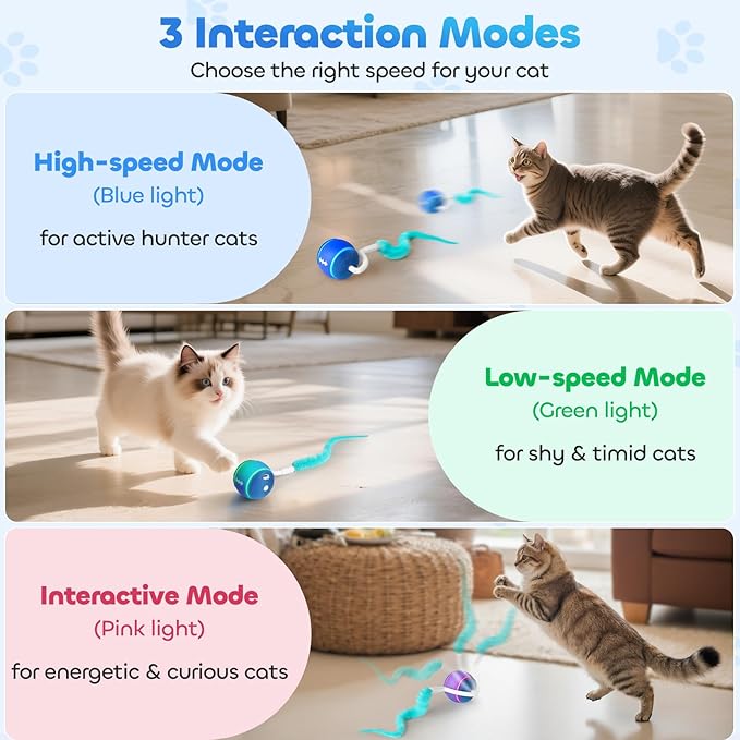 Automatic Interactive Cat Toy Ball for Indoor Cats, Carpet-Safe with Tangle-Free Tail, 3-Mode Touch Activated, Gen 3 High-Capacity 800mAh Battery (6-8H Play), Includes 2 Tails