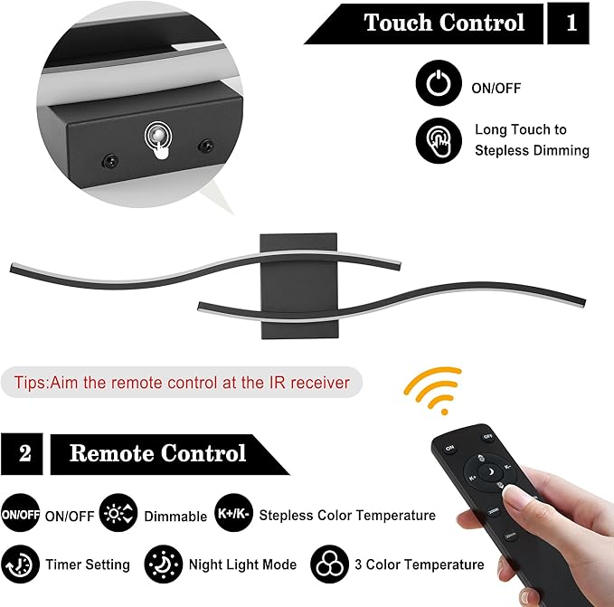 Battery Operated Wall Sconces Set of Two with Remote Control, Dimmable/3 Color/Night-Light/Timer/Memory, Black Modern Wireless LED Sconce for Living Room, Hallway, Bedroom, 27.5 Inch (2 Pack)