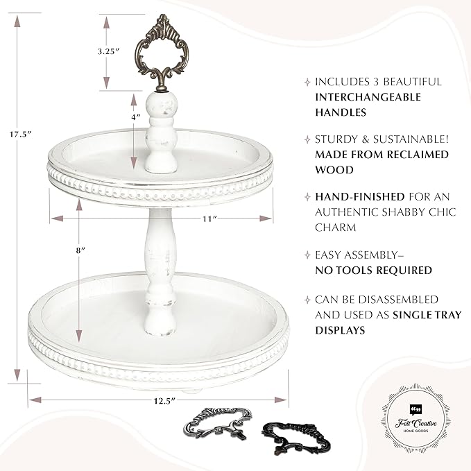 2 Tiered Tray Wooden Serving Stand by Felt Creative Home Goods. Small Shabby Chic Beaded Tray for Home Decor Display Farmhouse Country Decoration Kitchen or Dining. Includes 3 Custom Handles (White)